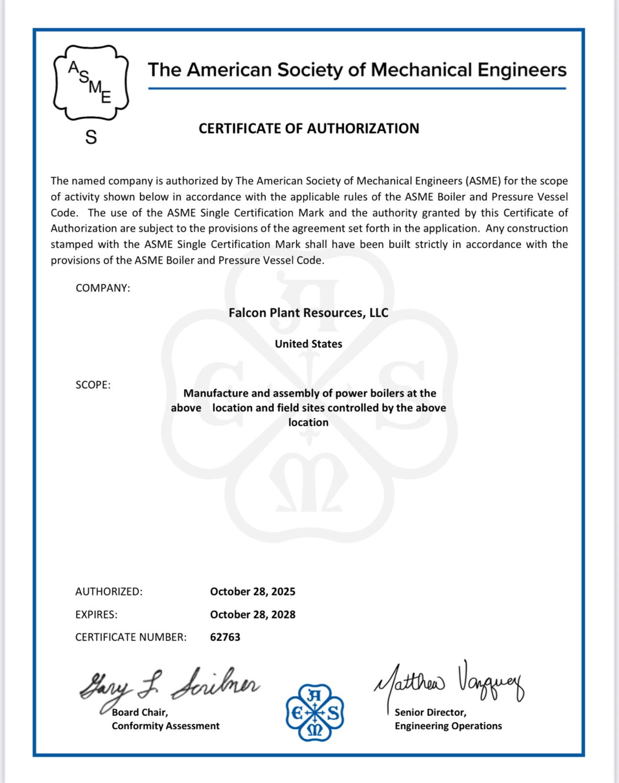 ASME S Stamp Certificate